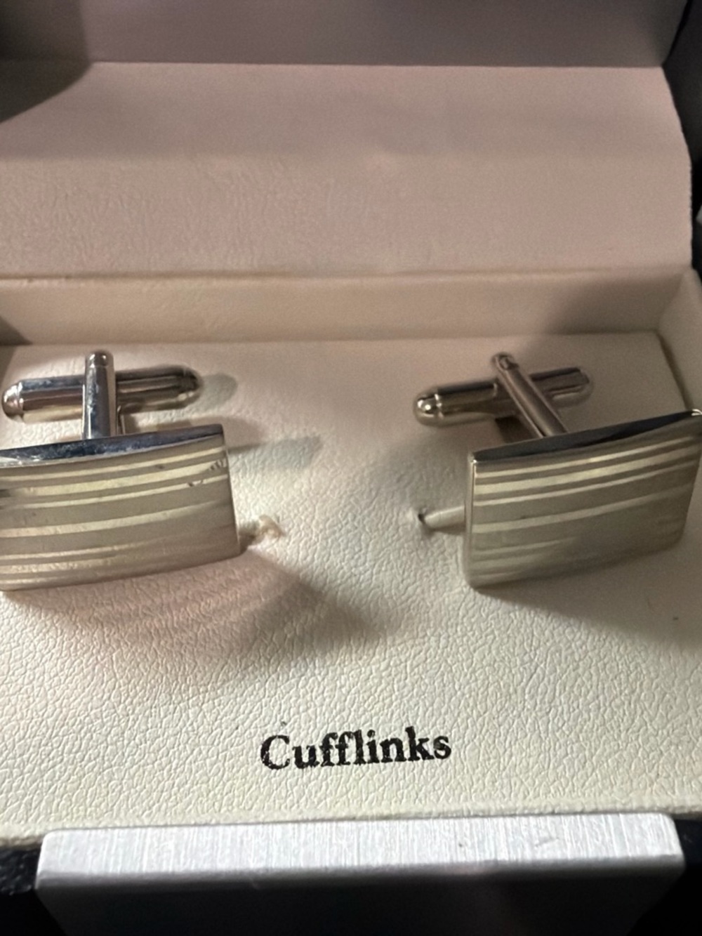 Geoffrey Beene Silver Tone Striped Rectangular Cufflinks